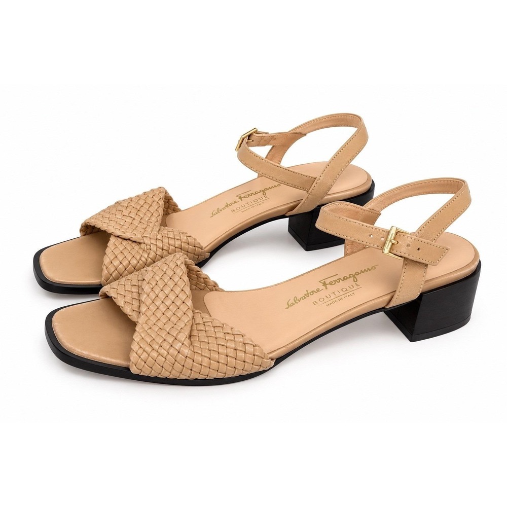Salvatore Ferragamo Woven Leather Block Heel Sandals Tan Beige Size 8 B Italy